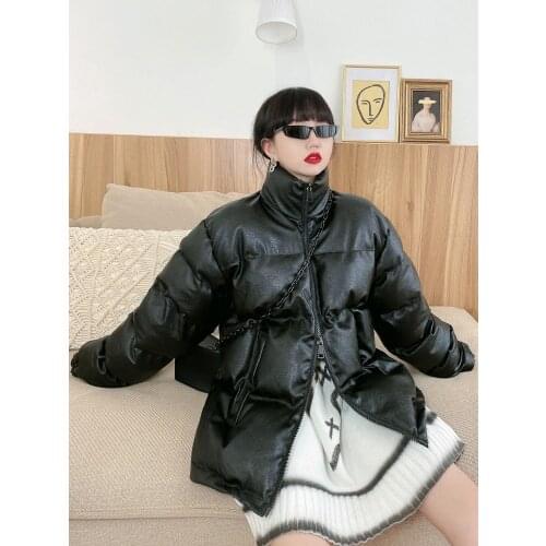 PU leather black cotton jackets 2020 new winter coat with thickened warm standing collar