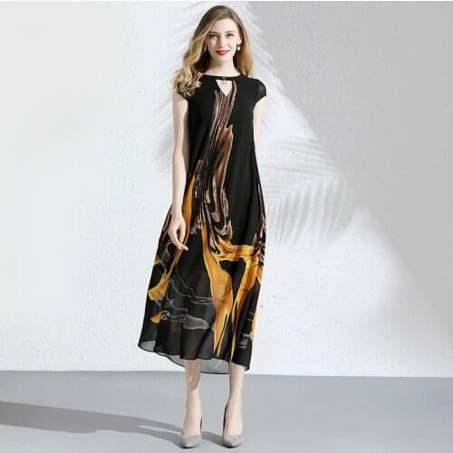 Summer Dress Chiffon Womens Fashion Printed Round Neck Short Sleeved Hollow Out Loose A-Line Casual Elegant Dress Midi