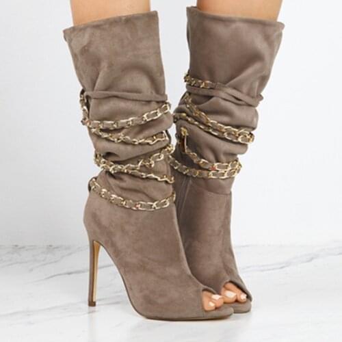 Fashion Women Open Toe Gold Chains Twined Mid Calf Boots Solid Suede Leather High Heel Stilettos Shoes Women Long Boots