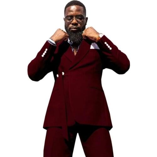 2021 New Arrival Burgundy Groomsmen Double Breasted Groom Tuxedo Peak Lapel Male Suits Wedding Best Man Blazer (Jacket+Pant)