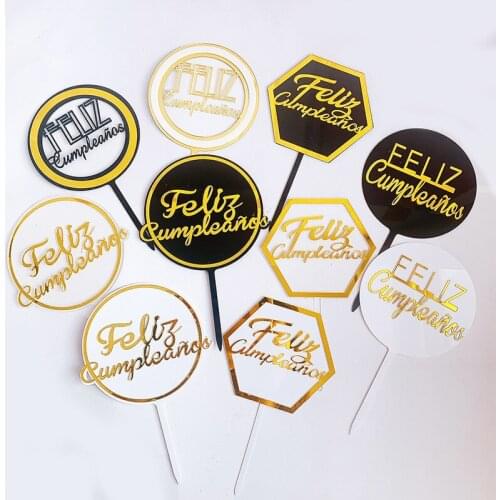 New Spanish feliz cumpleanos Acrylic Cake Topper Gold DIY Birthday Cupcake Topper Decor for Kids Birthday Party Cake Decorations