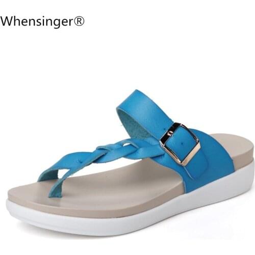 2018 Women Sandals Genuine Leather Casual Women Shoes Summer Flat Sandals Fashion Buckle White Ladies Sandals white blue brown