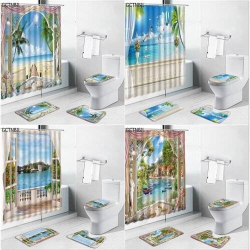 Ocean Beach Landscape Shower Curtains Carpet Mediterranean Natural Scenery Bathroom Decoration Non-slip Bath Mat Toilet Rugs Set