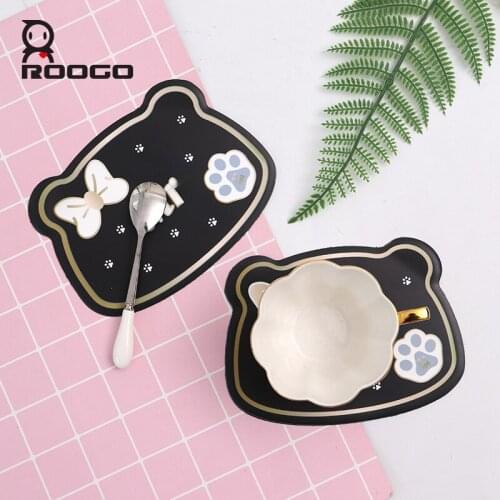 Roogo Silicone Cat Shaped Cup Coaster Placemat for Dining Table Cute Animal Hot Pad Drink Coasters Kitchen Dish Mat Individual