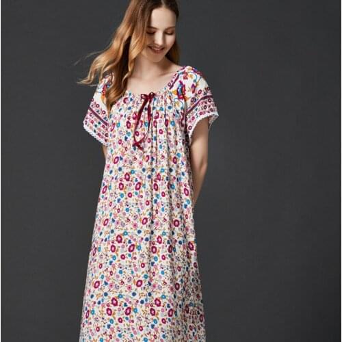 Loose Fat MM Floral Print Nightdress Women Long Nightgowns Sweet Cotton Short Sleeve Sleepwear Dress Summer Nightshirt Female