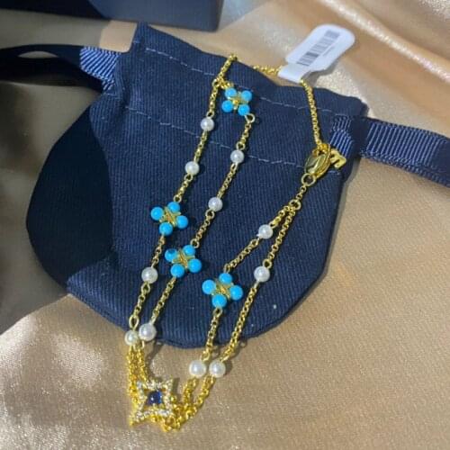 UMGODLY Fashion Brand Bracelet Gold Color Pearl and Blue Gem Stone Double Chain Cross Women July Roma Serie Jewelry Gift