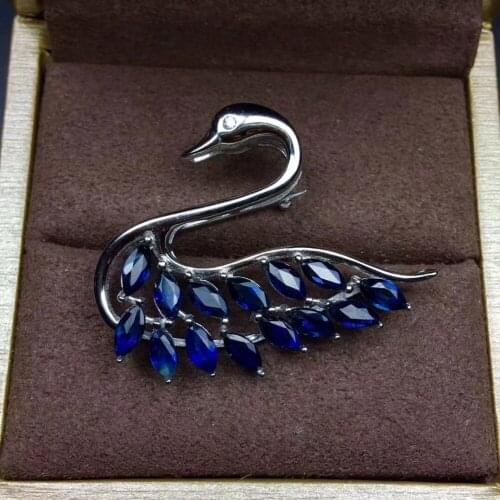Natural blue sapphire gem Elegant Swan Wing brooch Pendant natural gemstone brooch S925 silver women girl party gift jewelry