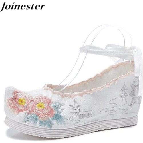 Womens Ethnic Ankle Strap Cotton Shoes Woman Embroidery Pumps Dress Dancing Shoe Internal Height Cocked Toe Autumn Shoes