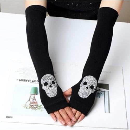 Female Winter Warm Knit Diamond Half Finger Touch Screen Gloves Sexy Skull Rhinestone Long Thin Fingerless Driving Mittens H82
