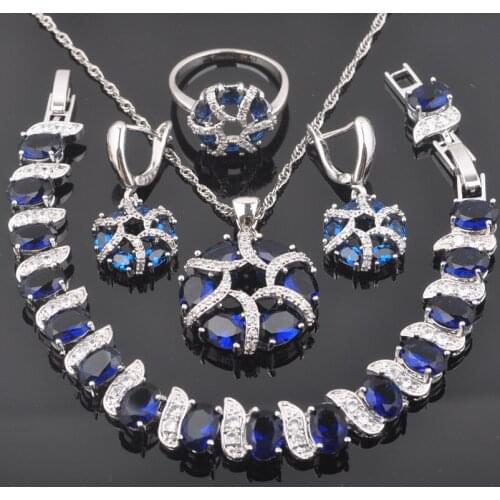 For Women Wedding Jewelry Sets With Bracelet Blue Zirconia Silver Color Necklace Pendant Earrings Ring 2020 New QS0443