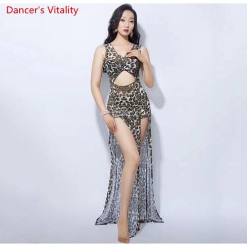 Belly Dance Practice Clothes Summer New Female Sexy Leopard Yarn Double Split One-Piece Dress Performance Clothing