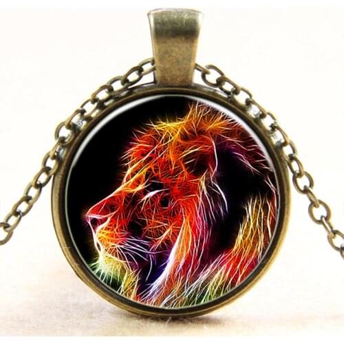 2017 New Fire Lion Cabochon Classic Fashion Lady Men Glass Pendant Necklace unique Jewelry Wholesale