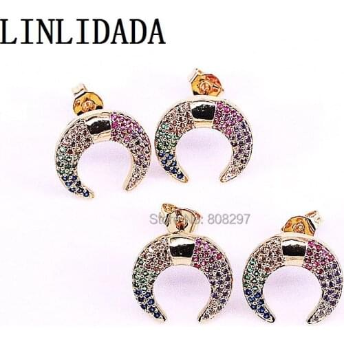 8Pair New Style Fashion CZ Zirconia Micro Pave Double Horn / Crescent Moon Shape Charms Studs Earring For Women