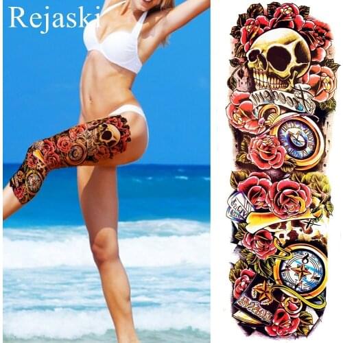 Watercolor Women Flower Temporary Tattoo Clock Full Arm Art Tattoo Stickers Skull Beach Water Transfer Flash Tatto Girl Shoulder