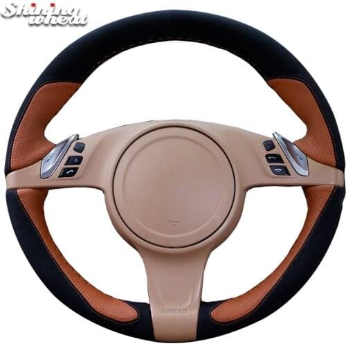 Shining wheat Black Suede Brown Leather Car Steering Wheel Cover for Porsche Cayenne Panamera 2010 2011