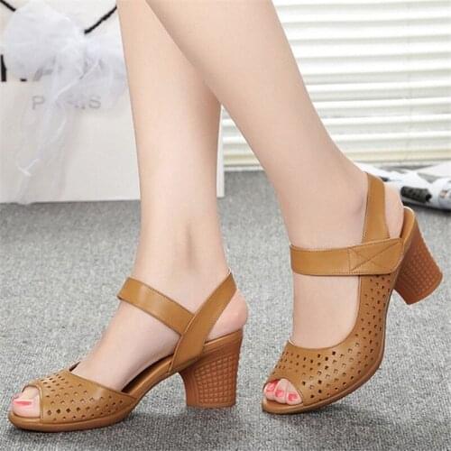 Women Summer Thick High Heels Shoes Fashion Peep Toe Party Dress Slip On Ladies Footwear 2021 New Female Hollow Out Sandals