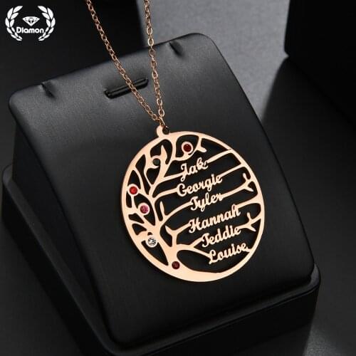 Diamon Customized Life Tree 1-6 Names Birthstone Necklace Family Stainless Steel Pendant for Women Men Birthday Jewelry Gift