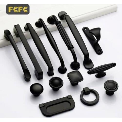 FCFC Cabinet Handles American Style Black Solid Aluminum Alloy Kitchen Cupboard Pulls Drawer Knobs Furniture Handle Hardware