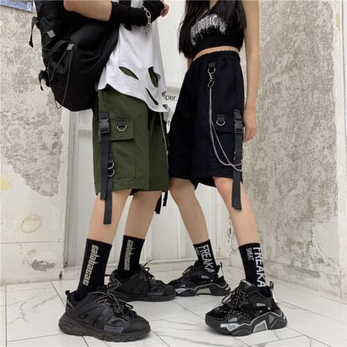 Cotton Shorts for Women Cargo Pants Overalls with Chain Female Capris Summer Hip Hop Korean Straight Loose Casual Pants Black