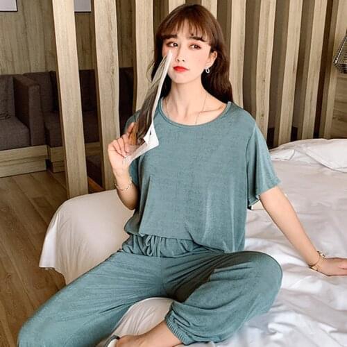 Women Tracksuit Set Thin 2020 summer New Ice Silk Pajamas Short Sleeve shirt+pans two pieces set Casual suits homewear outfits
