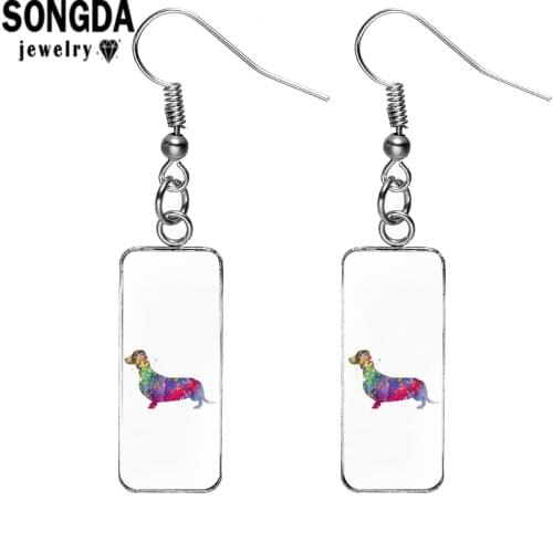 SONGDA Colorful Art Dog Patterns Rectangular Earrings Different Style Painting Glass Gem Fish Hook Earrings Lady Trendy Jewelry