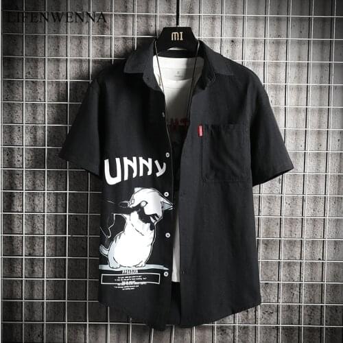 LIFENWENNA Summer Mens Shirt New Fashion Cartoon Cat Print Short Sleeve Shirts Male Casual Business Shirt Beach Tops M-5XL