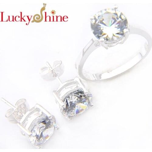 Luckyshine Bride Engagement Wedding Stud Earrings Rings Sets Sliver Round White Zircon Pink Kunzite Rings 7-9
