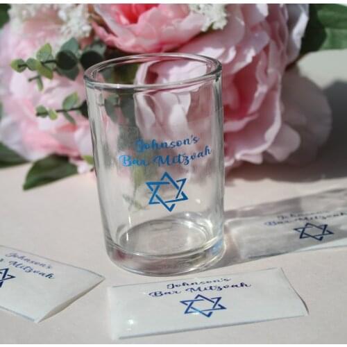 60 Personalized Bar Mitzvah Cups Labels Boy 13th Birthday Party Decor Decorations Blue Names Rectangle Transparent Stickers