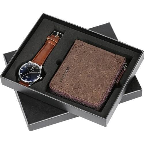 Business Style Wrist Watch & Brown Leather Wallet Men Gift Set Quartz Watches Man Clock Luxury Christmas Gifts for Father Male