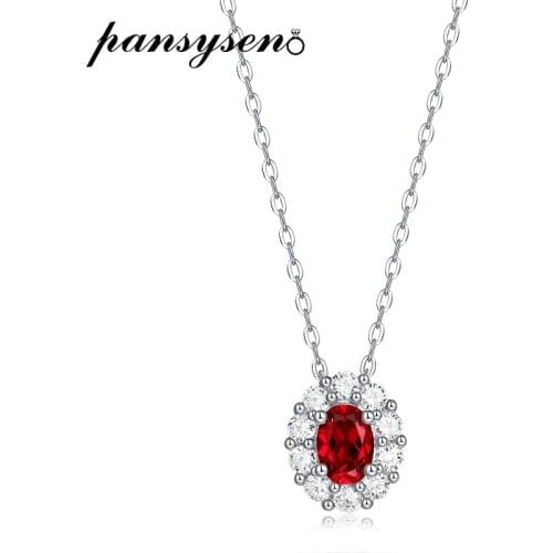 PANSYSEN 100% 925 Sterling Silver Ruby Simulated Moissanite Gemstone White Gold Color Pendant Necklaces Wedding Fine Jewelry