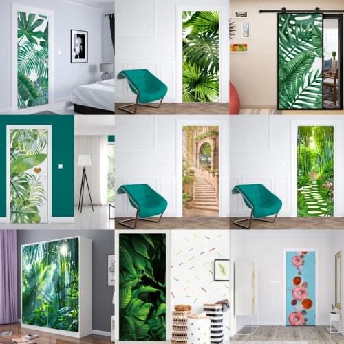 PVC Waterproof Self-adhesive Door Stickers Wall Decor Banana Leaf 3D Photo Mural Wallpaper Living Room Bedroom Decor Wall Decals