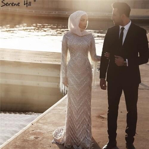 Serene Hill Muslim Long Sleeves Diamond Luxury Evening Dress 2020 Silver Tassel Beading Formal Party Wear Gown CLA60855