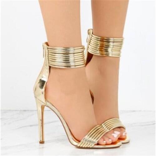 Sestito 2018 Ladies Shinning Leather Cover Heels Gladiator Sandals Woman Peep Toe Back Zipper Shoes Lady Thin High Heels Sandals