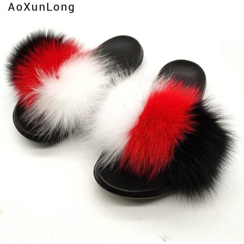 Summer Fox Fur Slippers Women Fluffy Real Fur Slides Home Furry 100% Fox Hair Sandals Flat EVA Soft Anti-skid Indoor Slippers