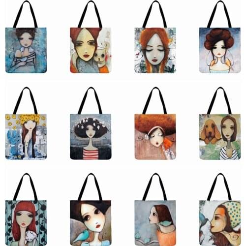 Foldable Shopping Bag Cartoon Art Girl Print Tote Bag Ladies Shoulder Bag Women Casual Tote Outdoor Beach Bags Women Handbags
