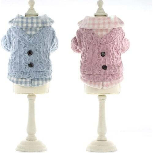 Fake Two Piece Plaid Design Warm Sweaters For Dog Autumn And Winter Dog Clothes Pullover Dog Jacket With Button Dog Sweaters