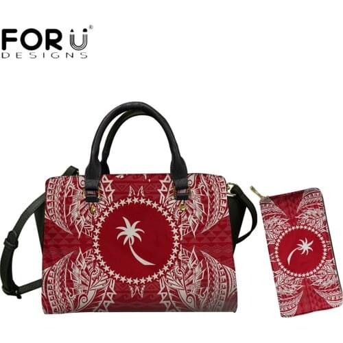 FORUDESIGNS Womens Totes Bag 2pcs Set Red Color Chuuk Tribal Map 3D Printed Female Luxury Designer Leather Crossbody Bags Purse