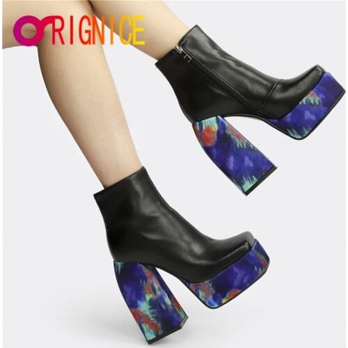 Orignice New Brand Printed Platform Thick Heels Ankle Boots Women Fashion Square Toe Zip Sexy Party Dress Design Stylish Shoes