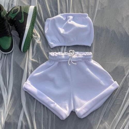 New Casual Drawstring Shorts Matching Set Summer Sexy Athleisure Outfits Solid Sportswear Two Piece Sets Womens 2021 Crop Top