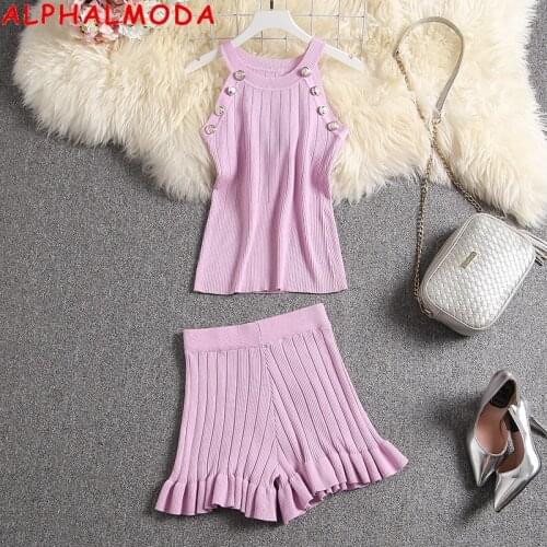 ALPHALMODA 2020 New Color Women Summer Stylish Button Trim Knitting Sleeveless Top Shorts 2pcs Set Girl Cute 2pcs Knitting Suit