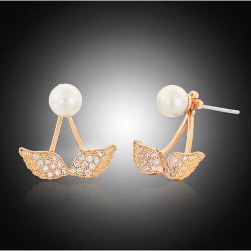 Gold Color Front And Back Ear Jacket Angel Wings Cluster Crystal Pearl Swing Stud Earrings Party Jewelry For Women Bijoux