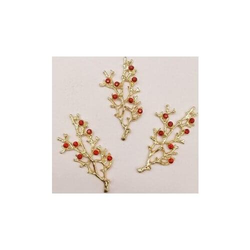 10Pcs/Lot Alloy Branch Gold Red Flower branch Rhinestone Buttons Pendants Decorative Jewelry dress Hair DIY Jewelry Accessories