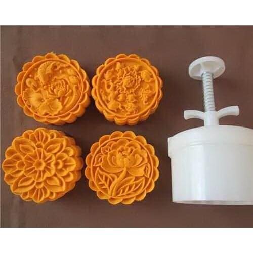 180g Chinese round shape flower design Mooncake mung bean cake Molds mould with 4 Stamps plastic hand pressure , 50sets/lot