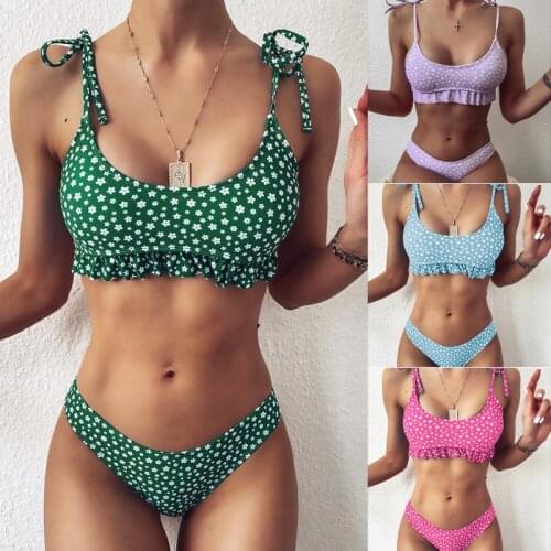 2021 Fashion Women Sexy Floral Bikini Sets Ruffle Bandage Push-up Low Waist Swimsuit Bathing Swimwear Swimming Beach Wear