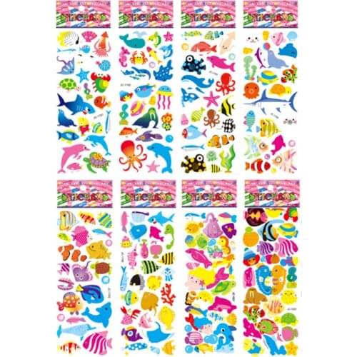8 Sheets/pack marine life dolphin fish cartoon sticker 3D cute bubble PVC stickers for Kids boy girl funny learning toys
