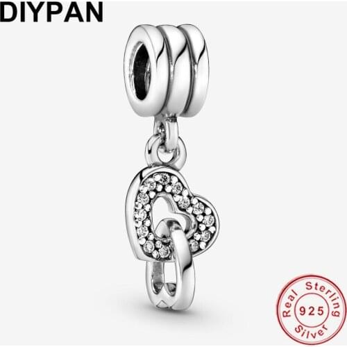 925 Sterling Silver Interlocking Hearts Dangle Charm Fit Pandora Charms Bracelet Silver 925 Original Berloque DIY Jewelry Making