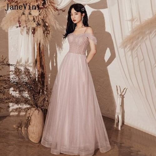 JaneVini 2020 Glitter Long Prom Dresses A Line Spaghetti Straps Sleeveless Beaded Floor Length Princess Sparkle Dress Customize