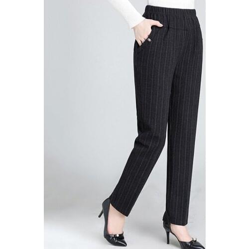 Plus size middle-aged women Pants High Waist Warm Trousers Autumn Winter Stripe Plus Velvet Thick Casual Straight-leg Pants 85kg