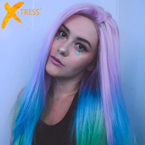 Ombre Pink Green Color Long Straight Lace Front Synthetic Hair Wigs Side Part X-TRESS Colorful Cosplay Lace Wig For Women