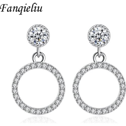 Fanqieliu Luxury Crystal Jewelry Round Dangle Real 925 Sterling Silver Drop Earrings For Women FQL21058
